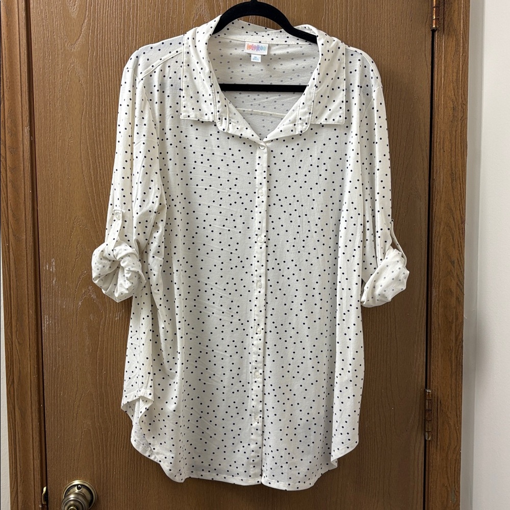 Lularoe Valentina White with Navy Blue Polka Dots Shirt